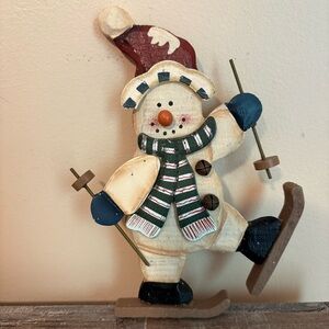 Cute wooden skiing snowman Christmas decor